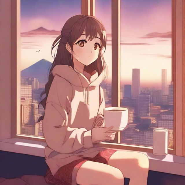 A chill anime girl sitting by a window with a cup of tea, wearing cozy clothes