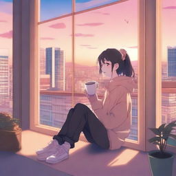 A chill anime girl sitting by a window with a cup of tea, wearing cozy clothes