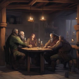 Idle patrons of a shady tavern in a Dungeons and Dragons setting