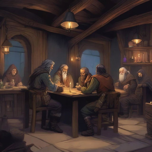 Idle patrons of a shady tavern in a Dungeons and Dragons setting