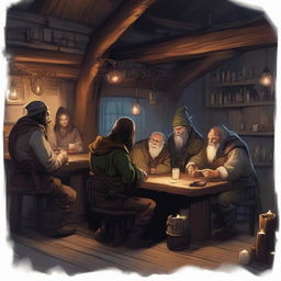 Idle patrons of a shady tavern in a Dungeons and Dragons setting