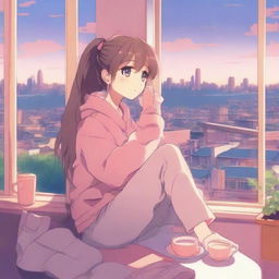 A chill anime girl sitting by a window with a cup of tea, wearing cozy clothes