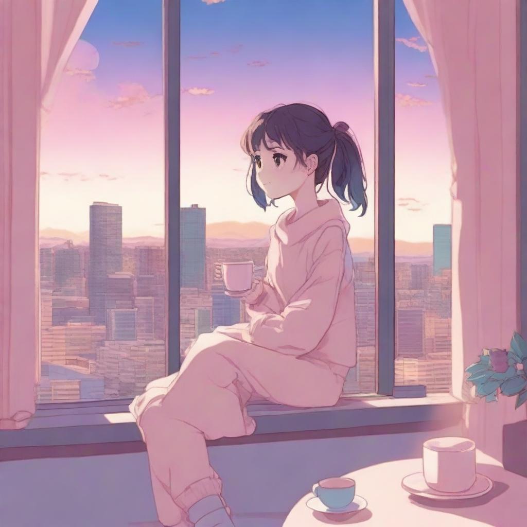 A chill anime girl sitting by a window with a cup of tea, wearing cozy clothes