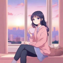 A chill anime girl sitting by a window with a cup of tea, wearing cozy clothes