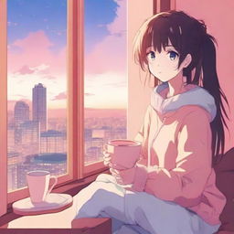 A chill anime girl sitting by a window with a cup of tea, wearing cozy clothes