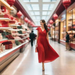 A 30-year-old American lady wearing a red frock is walking through a bustling shopping mall