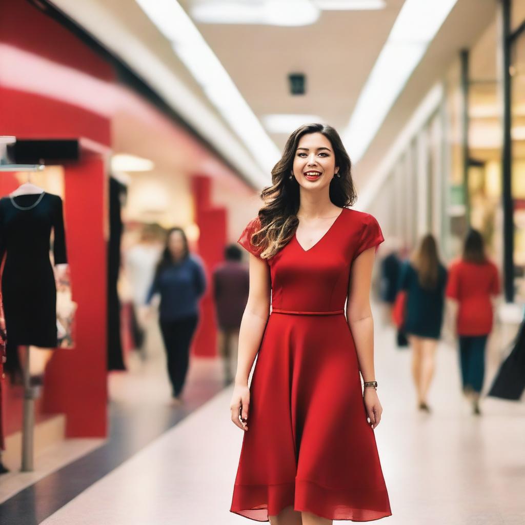 A 30-year-old American lady wearing a red frock is walking through a bustling shopping mall