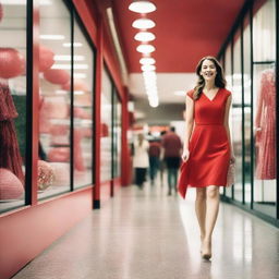 A 30-year-old American lady wearing a red frock is walking through a bustling shopping mall