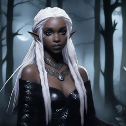 A female elf with white dreadlocks, colorless eyes, and pitch-black skin, dressed in black snakeskin clothes, standing under the moonlight