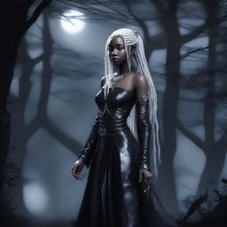 A female elf with white dreadlocks, colorless eyes, and pitch-black skin, dressed in black snakeskin clothes, standing under the moonlight