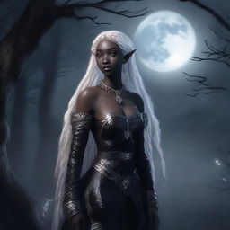 A female elf with white dreadlocks, colorless eyes, and pitch-black skin, dressed in black snakeskin clothes, standing under the moonlight