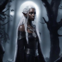 A female elf with white dreadlocks, colorless eyes, and pitch-black skin, dressed in black snakeskin clothes, standing under the moonlight