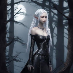 A female elf with white dreadlocks, colorless eyes, and skin as black as obsidian, dressed in black snakeskin clothes, standing under the moonlight