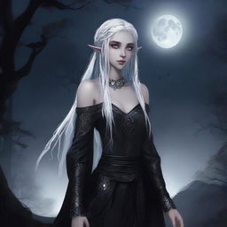 A female elf with white dreadlocks, colorless eyes, and skin as black as obsidian, dressed in black snakeskin clothes, standing under the moonlight