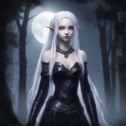 A female elf with white dreadlocks, colorless eyes, and skin as black as obsidian, dressed in black snakeskin clothes, standing under the moonlight