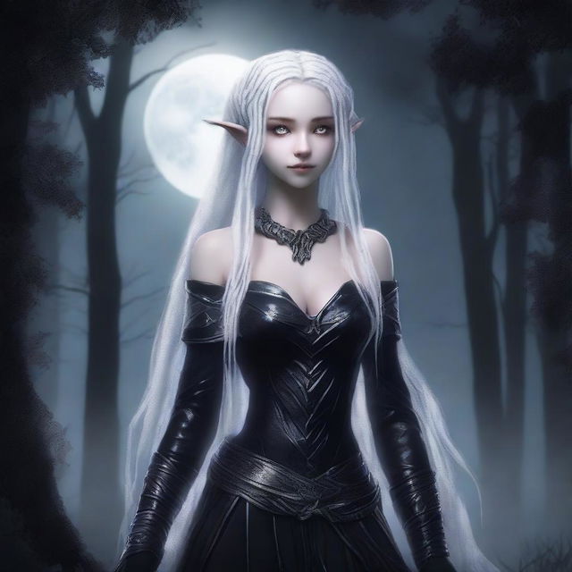 A female elf with white dreadlocks, colorless eyes, and skin as black as obsidian, dressed in black snakeskin clothes, standing under the moonlight