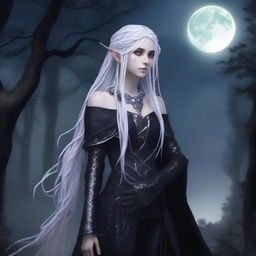 A female elf with white dreadlocks, colorless eyes, and skin as black as obsidian, dressed in black snakeskin clothes, standing under the moonlight