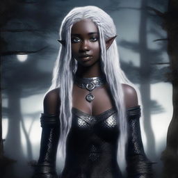 A female elf with white dreadlocks, colorless eyes, and pitch-black skin, dressed in black snakeskin clothes, standing under the moonlight