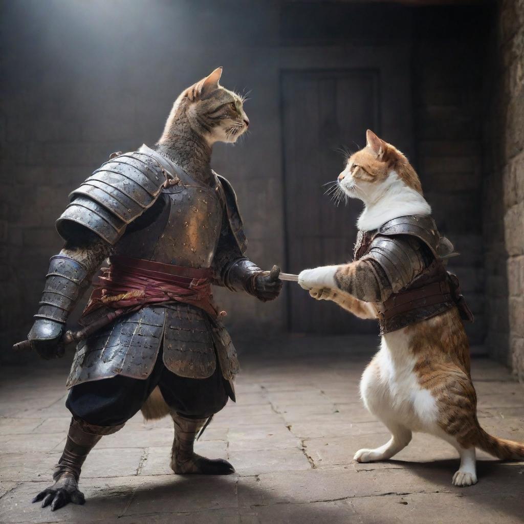 A gripping face-off between a goose warrior wielding a samurai sword and a cat paladin adorned in heavy armor, clashing in a medieval fortress under dramatic lighting.