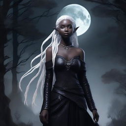 A female elf with white dreadlocks, colorless eyes, and pitch-black skin, dressed in black snakeskin clothes, standing under the moonlight