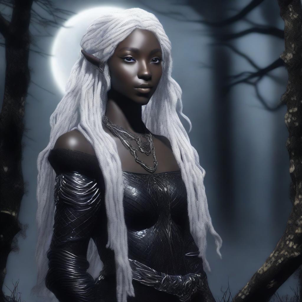 A female elf with white dreadlocks, colorless eyes, and pitch-black skin, dressed in black snakeskin clothes, standing under the moonlight