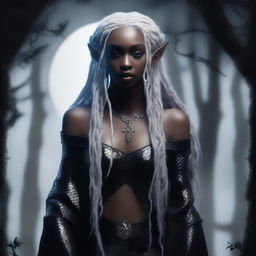 A female elf with white dreadlocks, colorless eyes, and pitch-black skin, dressed in black snakeskin clothes, standing under the moonlight