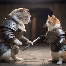 A gripping face-off between a goose warrior wielding a samurai sword and a cat paladin adorned in heavy armor, clashing in a medieval fortress under dramatic lighting.