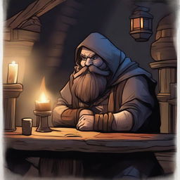 A gruff patron in a dark tavern in a Dungeons and Dragons setting