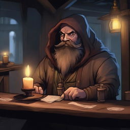 A gruff patron in a dark tavern in a Dungeons and Dragons setting