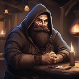 A gruff patron in a dark tavern in a Dungeons and Dragons setting