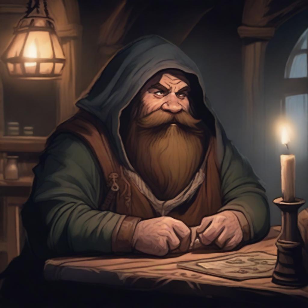 A gruff patron in a dark tavern in a Dungeons and Dragons setting