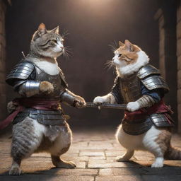 A gripping face-off between a goose warrior wielding a samurai sword and a cat paladin adorned in heavy armor, clashing in a medieval fortress under dramatic lighting.