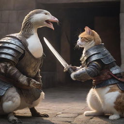 A gripping face-off between a goose warrior wielding a samurai sword and a cat paladin adorned in heavy armor, clashing in a medieval fortress under dramatic lighting.