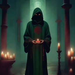 A red-eyed cultist wearing a dark green tunic, standing in a mysterious, dimly lit environment