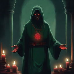 A red-eyed cultist wearing a dark green tunic, standing in a mysterious, dimly lit environment