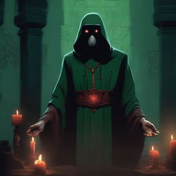 A red-eyed cultist wearing a dark green tunic, standing in a mysterious, dimly lit environment