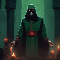 A red-eyed cultist wearing a dark green tunic, standing in a mysterious, dimly lit environment