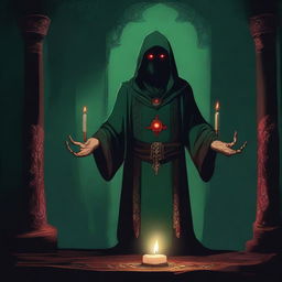 A red-eyed cultist wearing a dark green tunic, standing in a mysterious, dimly lit environment