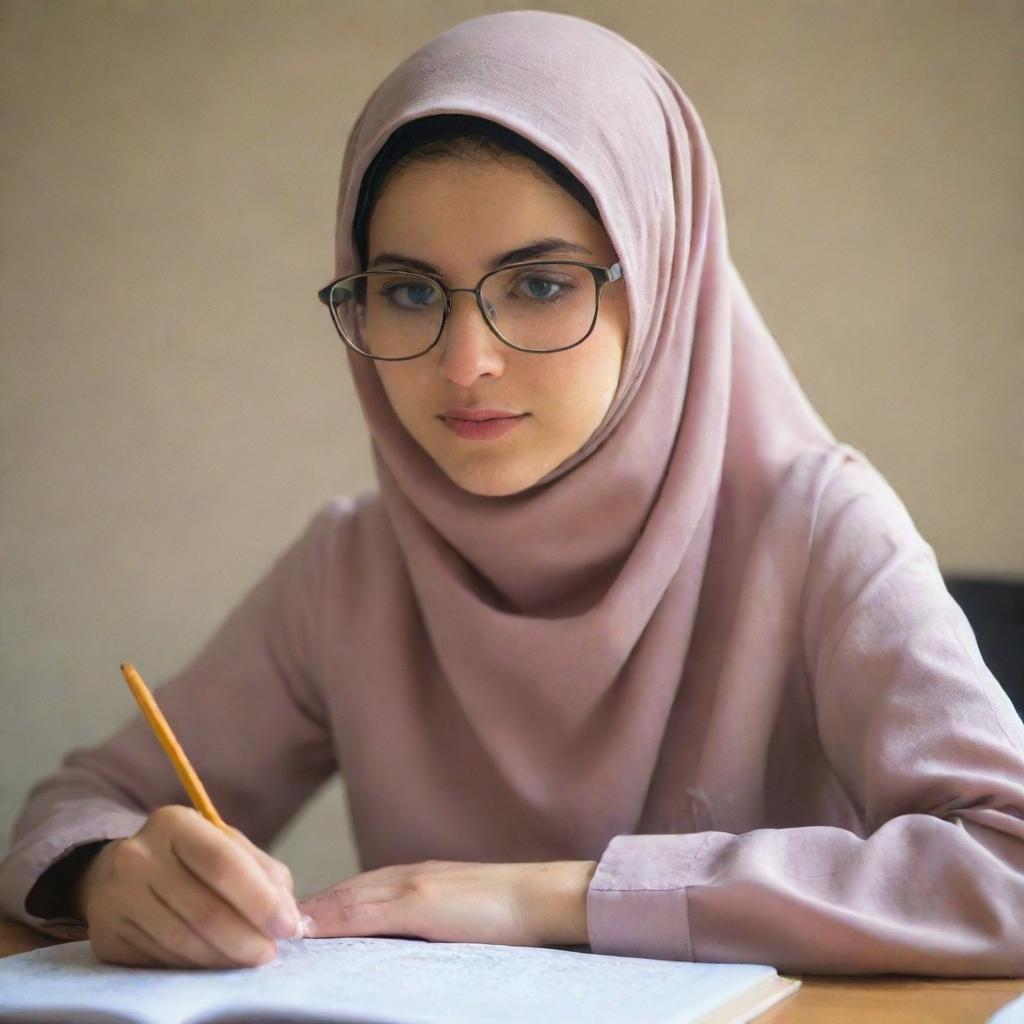 A focused girl with glasses, wearing a traditional Iranian hijab, immersed in studying a math book.