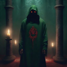 A red-eyed cultist wearing a dark green tunic, standing in a mysterious, dimly lit environment