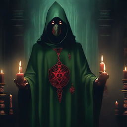 A red-eyed cultist wearing a dark green tunic, standing in a mysterious, dimly lit environment