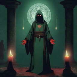 A red-eyed cultist wearing a dark green tunic, standing in a mysterious, dimly lit environment