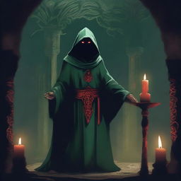 A red-eyed cultist wearing a dark green tunic, standing in a mysterious, dimly lit environment