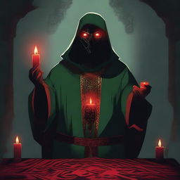 A red-eyed cultist wearing a dark green tunic, holding a red candle