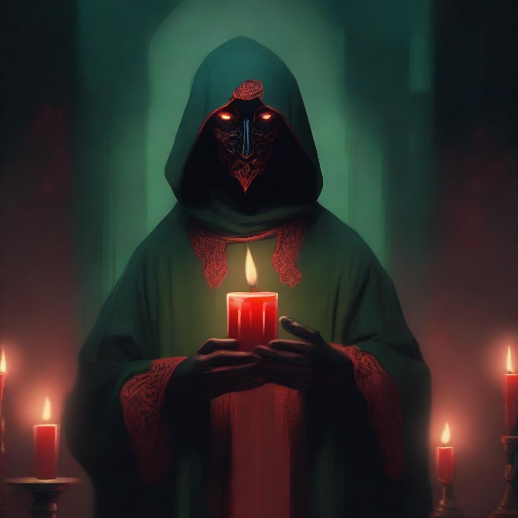 A red-eyed cultist wearing a dark green tunic, holding a red candle