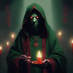 A red-eyed cultist wearing a dark green tunic, holding a red candle