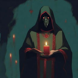 A red-eyed cultist wearing a dark green tunic, holding a red candle