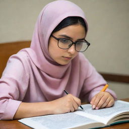 A focused girl with glasses, wearing a traditional Iranian hijab, immersed in studying a math book.