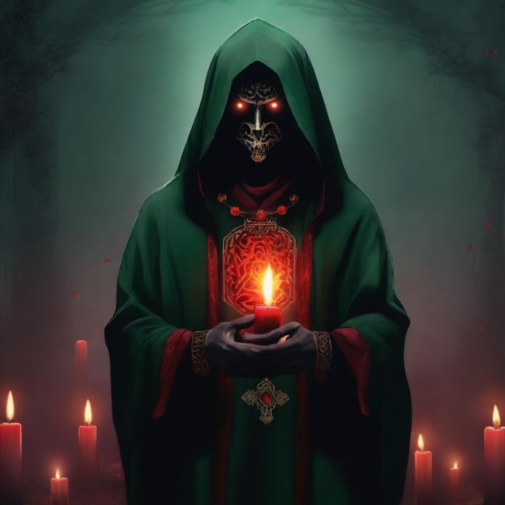 A standing red-eyed cultist wearing a dark green tunic and a demonic medallion, holding a red candle