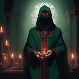 A standing red-eyed cultist wearing a dark green tunic and a demonic medallion, holding a red candle